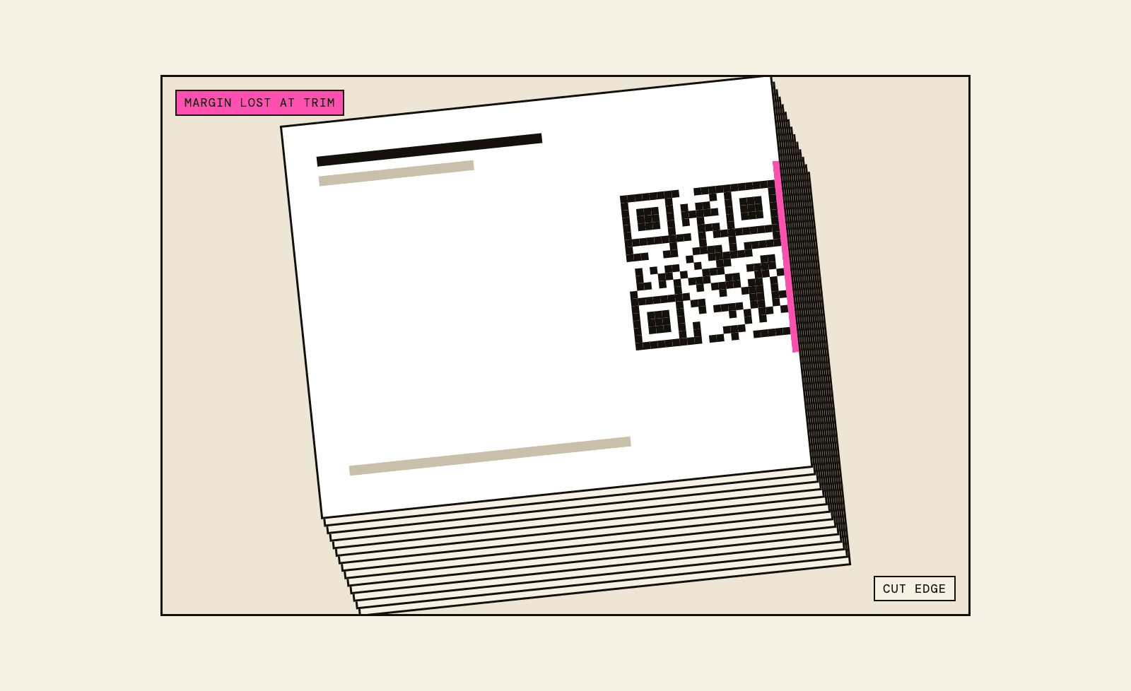 A stack of trimmed flyers where the guillotine cut has clipped the QR code margin.